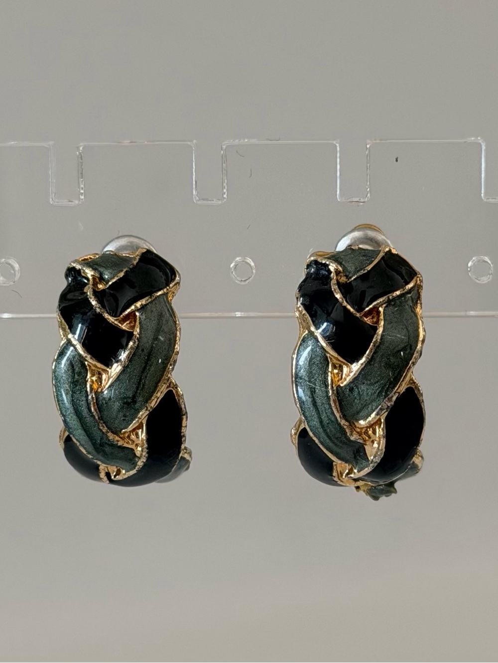 Gold-Trim Black and Dark Green Enamel Braided Hoop Earrings
